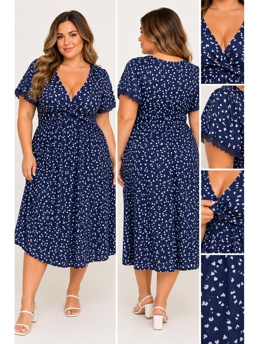 Navy White Print Short Sleeve Midi Dress